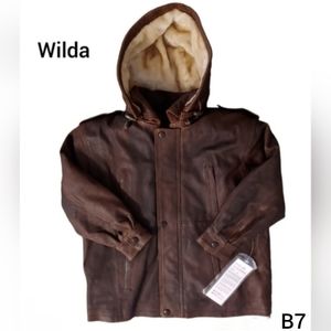 Wilda Girls Leather Coat Hood & Faux Fur Lining Detach Four Pockets Togg…